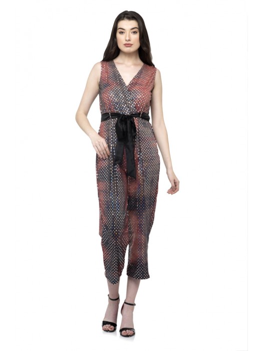 V shape plunge neck belted jumpsuit 