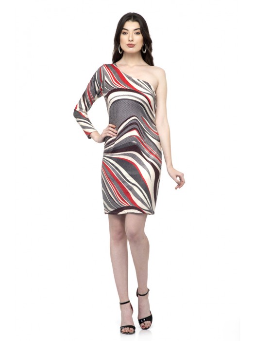 Printed one Sleeve one shoulder off dress