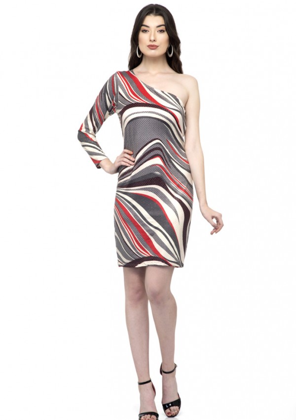 Printed one Sleeve one shoulder off dress