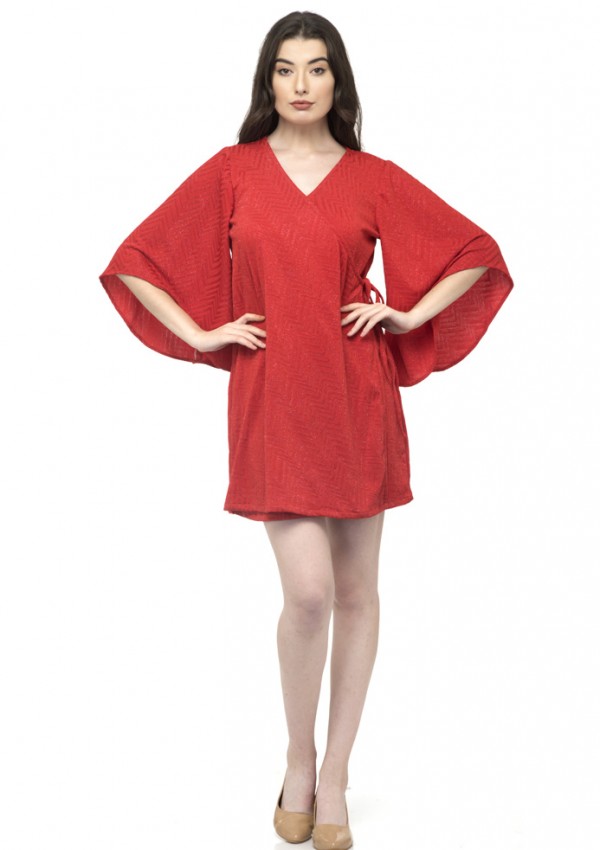 One side knot red kaftan sheer dress