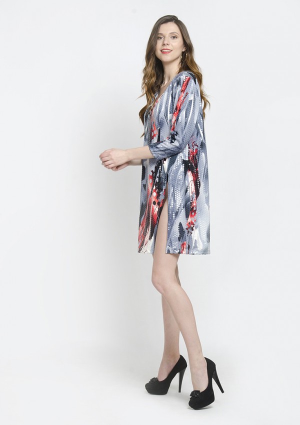 Hot Party Wear V Neck Slit Floral Long Sleeve Mini Dress