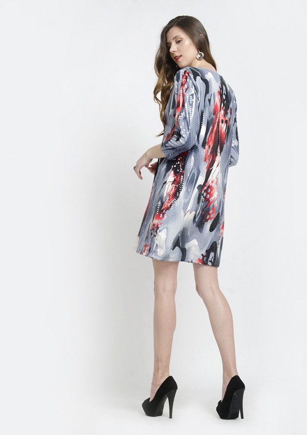 Hot Party Wear V Neck Slit Floral Long Sleeve Mini Dress