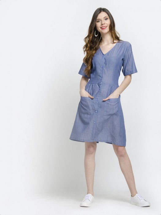 Short Sleeve V Neck Button Down Mini Dress with Pockets