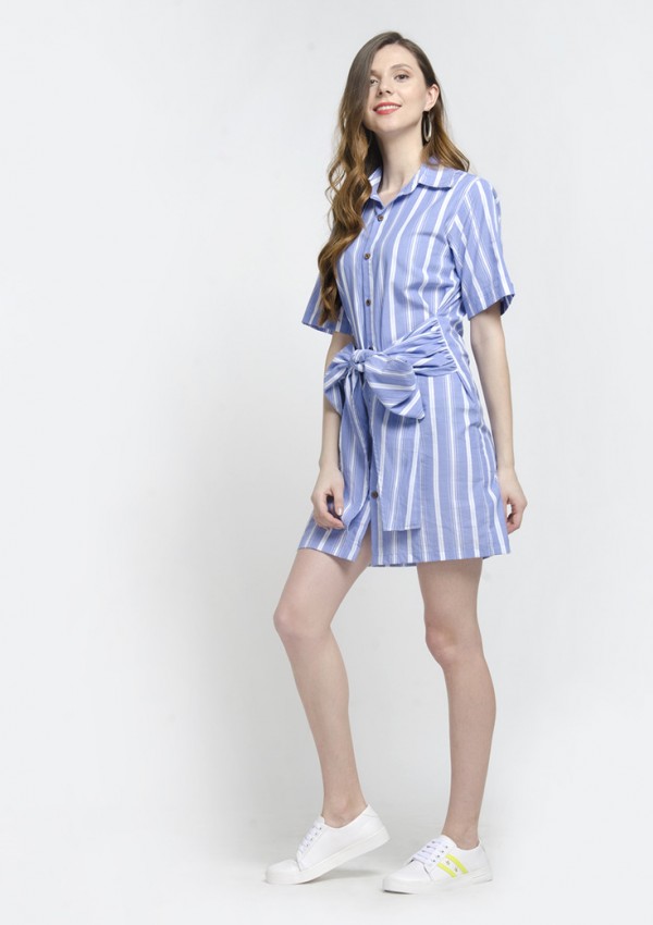 Short Sleeve Bowknot Belt Stripe Shirt Dress