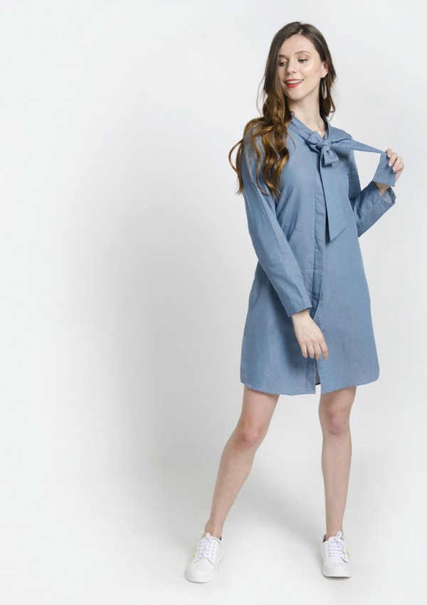 Denim Blue Full Sleeves Bow Tie Neck Mini Dress