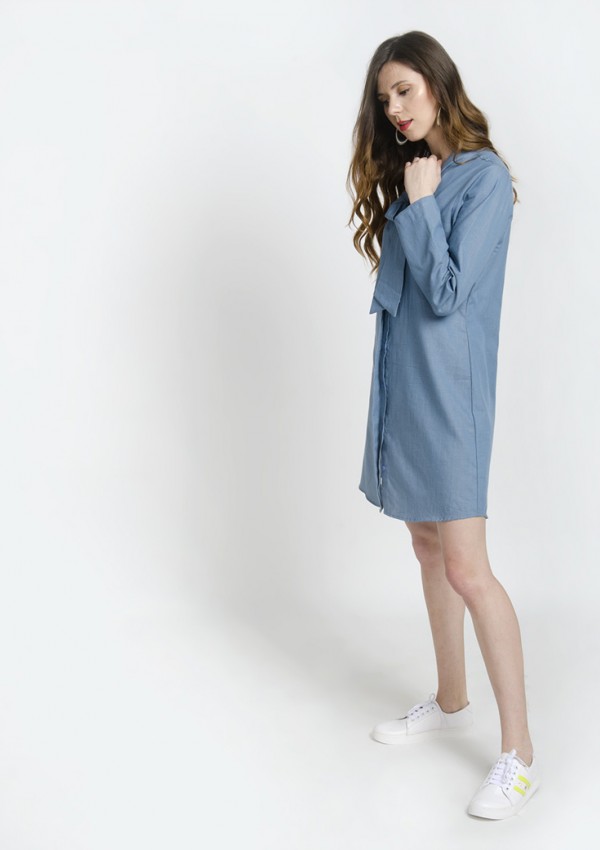 Denim Blue Full Sleeves Bow Tie Neck Mini Dress