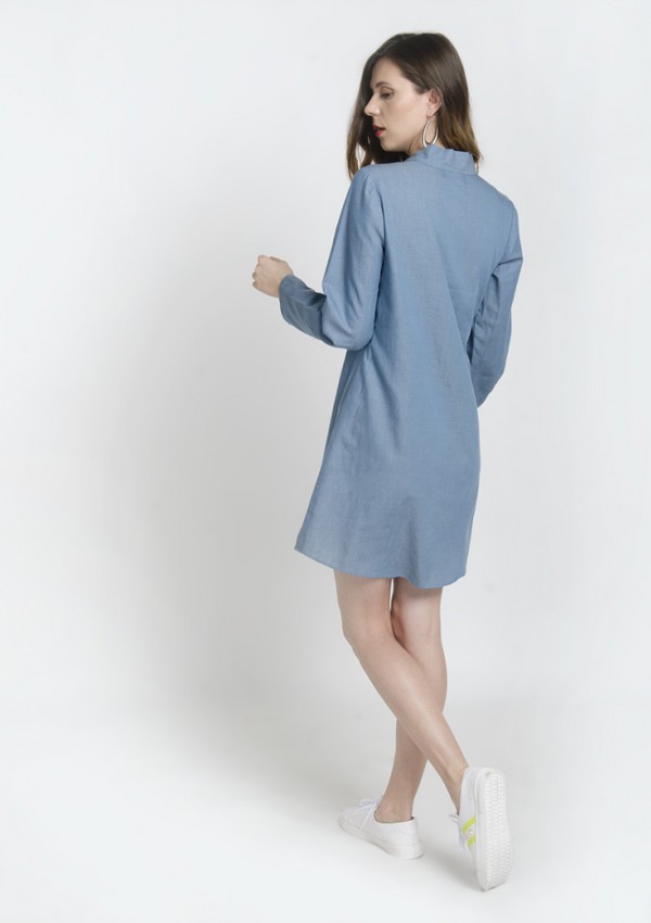 Denim Blue Full Sleeves Bow Tie Neck Mini Dress