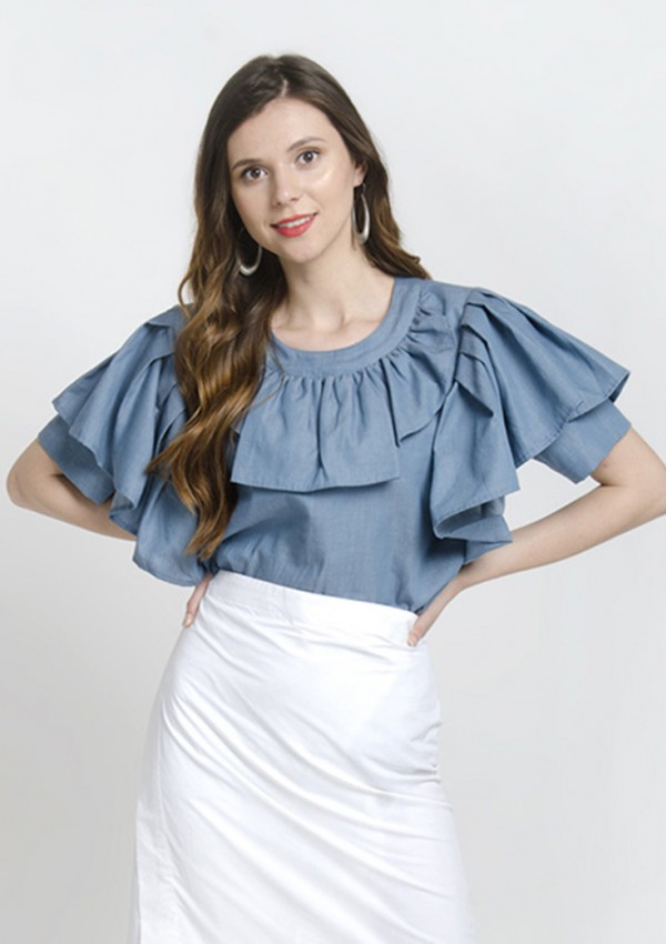 Short Sleeves Front Ruffled Denim Blue Top