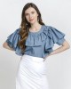 Short Sleeves Front Ruffled Denim Blue Top