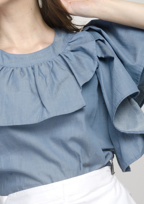 Short Sleeves Front Ruffled Denim Blue Top