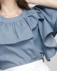 Short Sleeves Front Ruffled Denim Blue Top