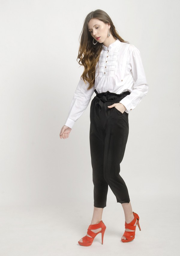 Womens Black Paper-Bag Pants