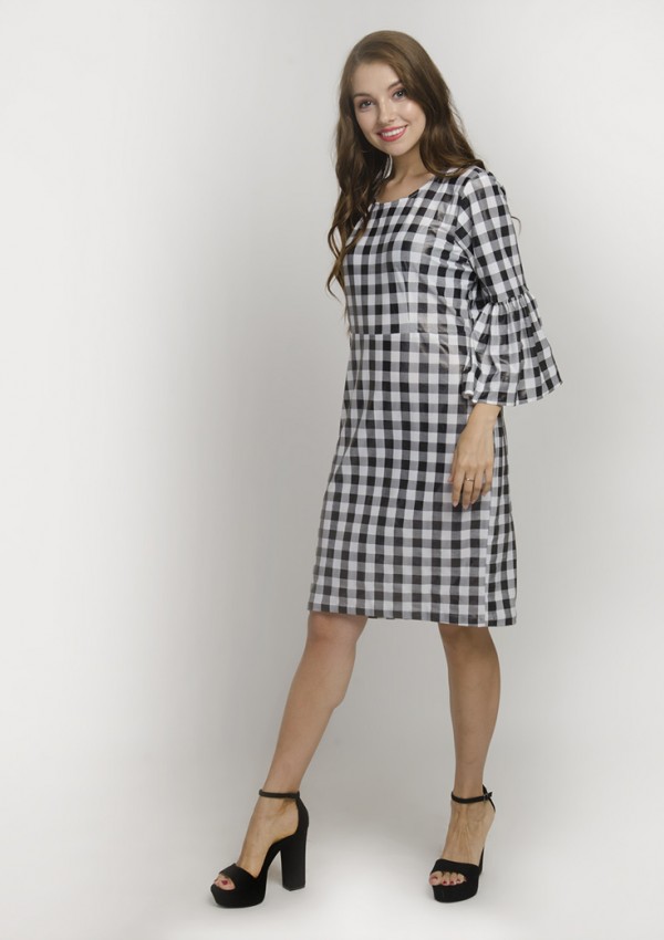 Black & White Checkered Round-Neck Bell Sleeve Gingham Pattern Midi Dress 