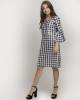 Black & White Checkered Round-Neck Bell Sleeve Gingham Pattern Midi Dress 