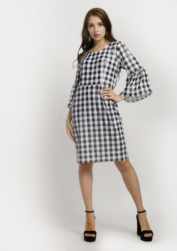 Black & White Checkered Round-Neck Bell Sleeve Gingham Pattern Midi Dress 