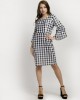 Black & White Checkered Round-Neck Bell Sleeve Gingham Pattern Midi Dress 