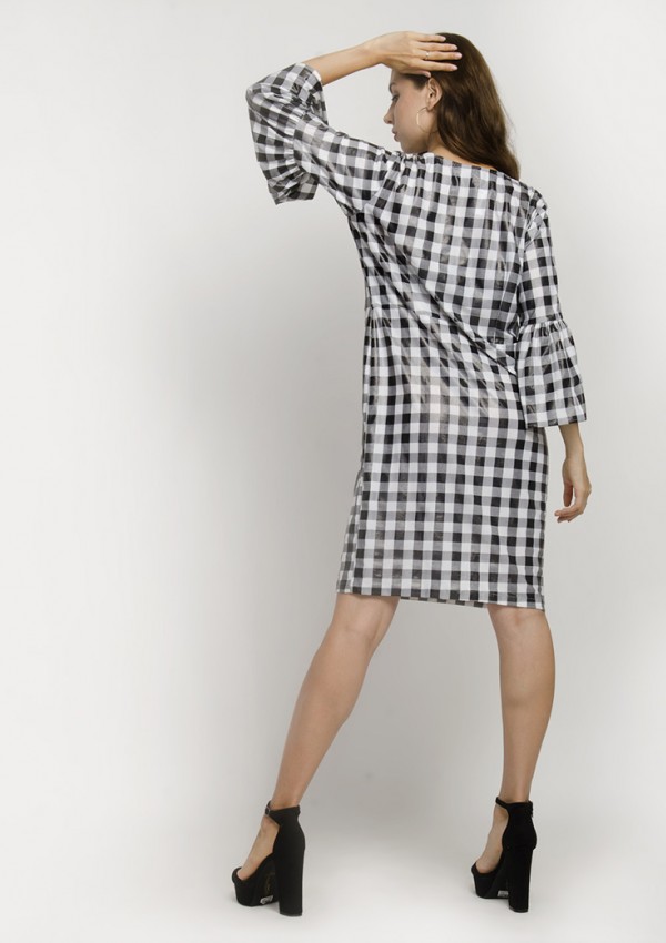 Black & White Checkered Round-Neck Bell Sleeve Gingham Pattern Midi Dress 