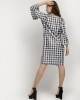 Black & White Checkered Round-Neck Bell Sleeve Gingham Pattern Midi Dress 