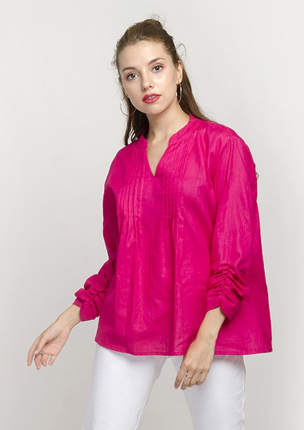 Magenta Mandarin-Collar Gathered-Sleeve Top