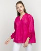 Magenta Mandarin-Collar Gathered-Sleeve Top