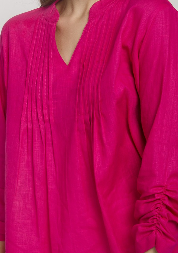 Magenta Mandarin-Collar Gathered-Sleeve Top