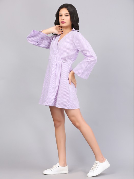 COLLARED OVERLAP STRIPE SHIFT DRESS
