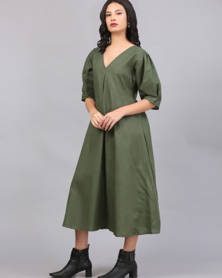 OLIVE GREEN BOX PLEAT DRESS