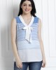 Sleeveless Striped Top With Pussy Bow In Soft Organic Cotton