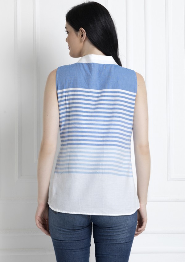 Sleeveless Striped Top With Pussy Bow In Soft Organic Cotton