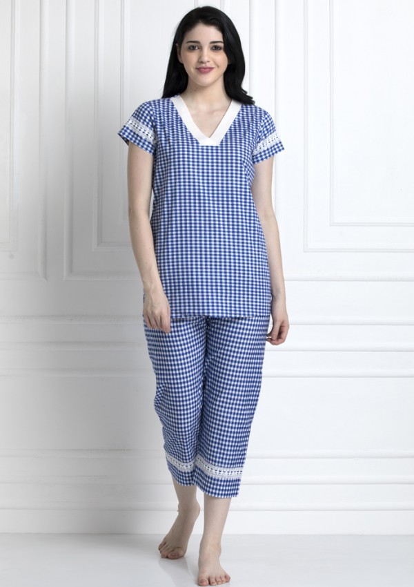 Check Top & Pyjamas With Lace Trim. Super Stylish Yet Relaxed
