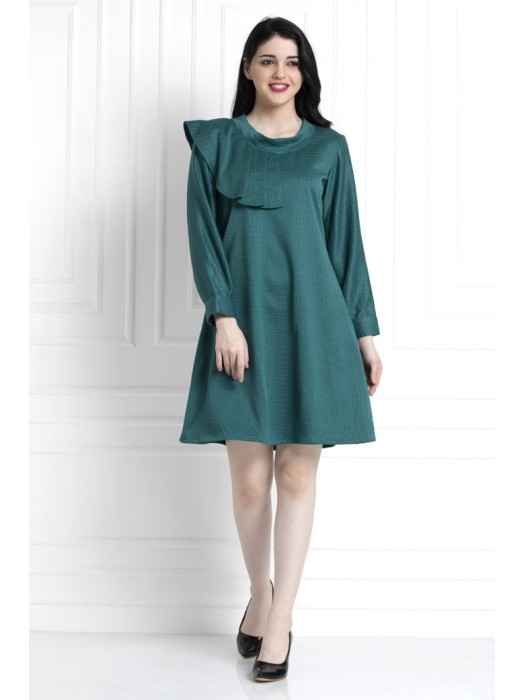 Emerald Green Textured Dress With Ruffle Trim Shoulder