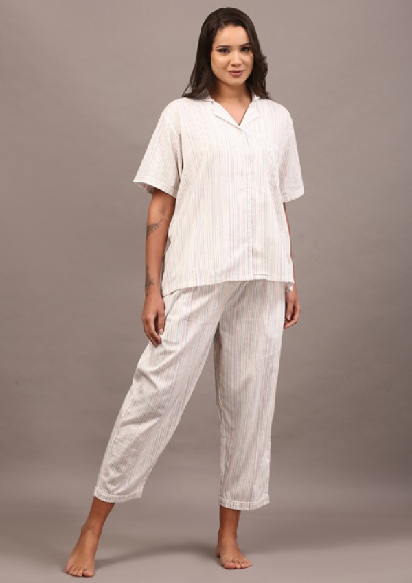 White collared night suit with Kantha stripes