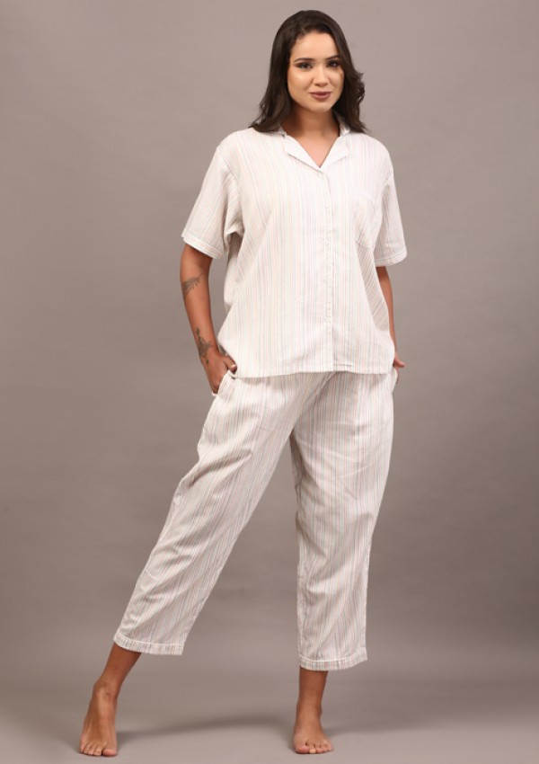White collared night suit with Kantha stripes