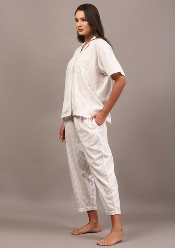 White collared night suit with Kantha stripes