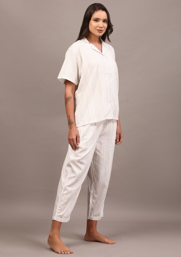 White collared night suit with Kantha stripes