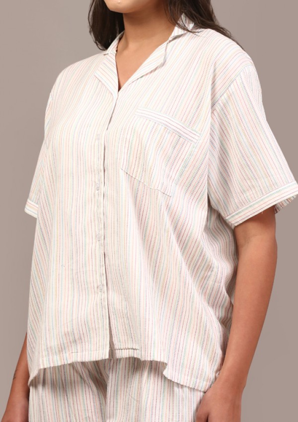 White collared night suit with Kantha stripes