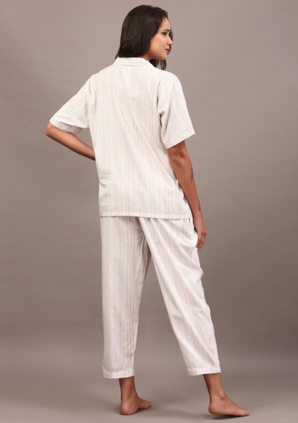 White collared night suit with Kantha stripes