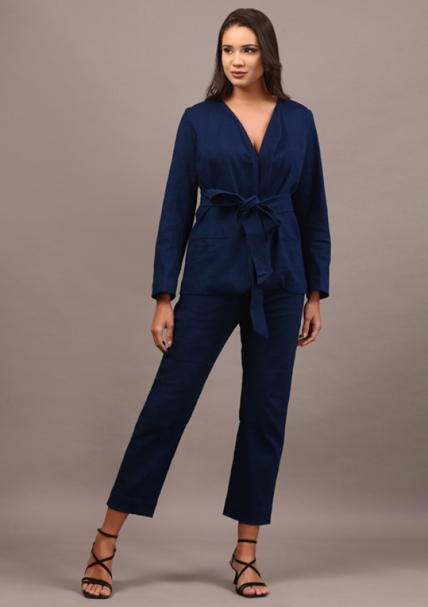 Denim belted blazer set