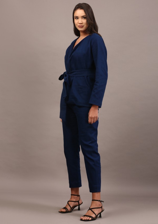 Denim belted blazer set