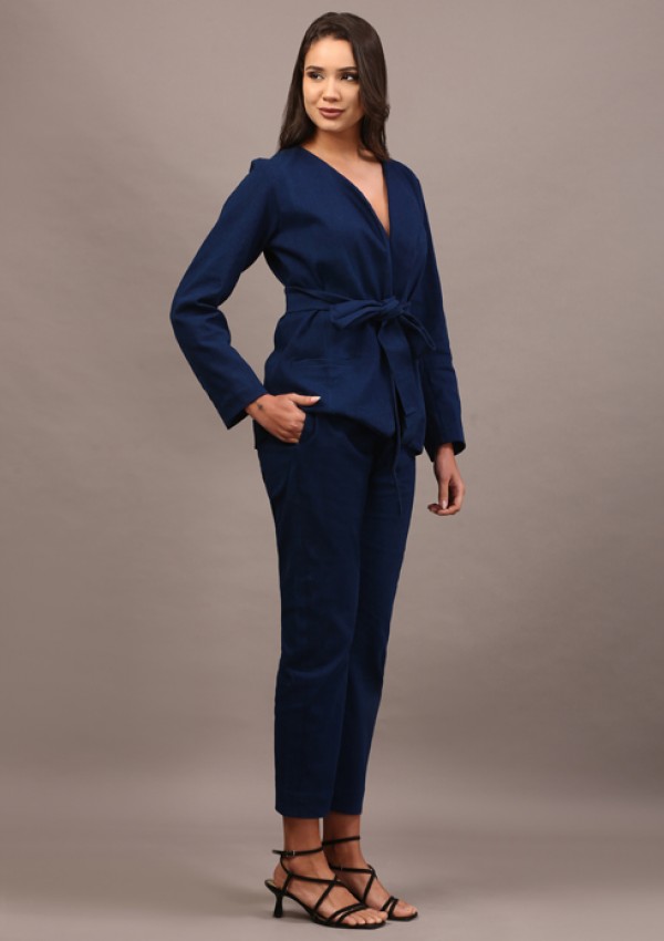 Denim belted blazer set