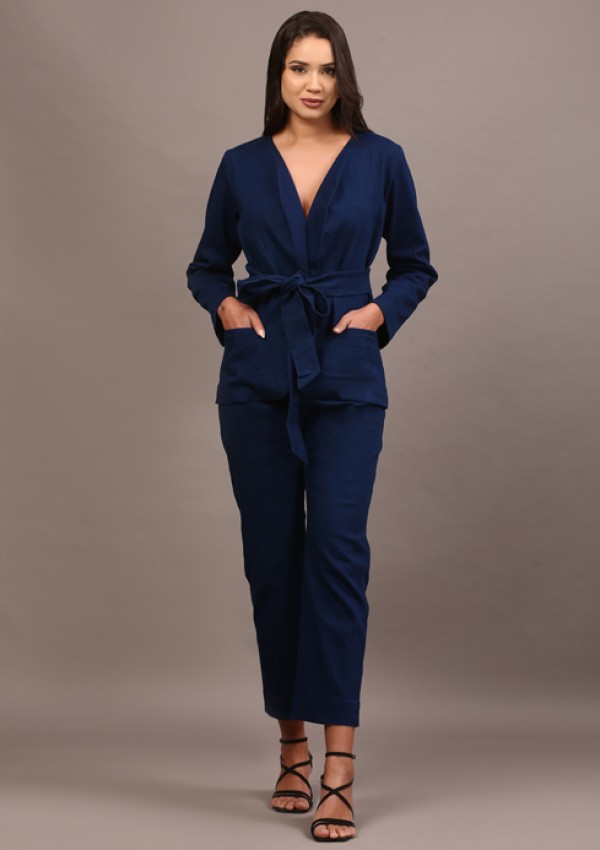 Denim belted blazer set