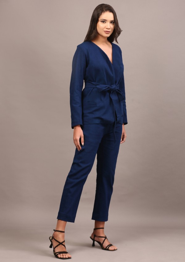 Denim belted blazer set