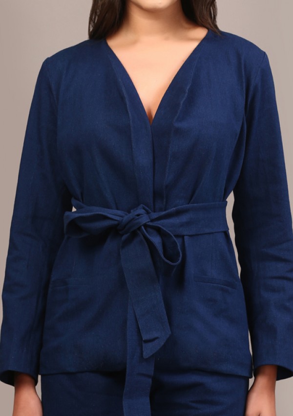 Denim belted blazer set