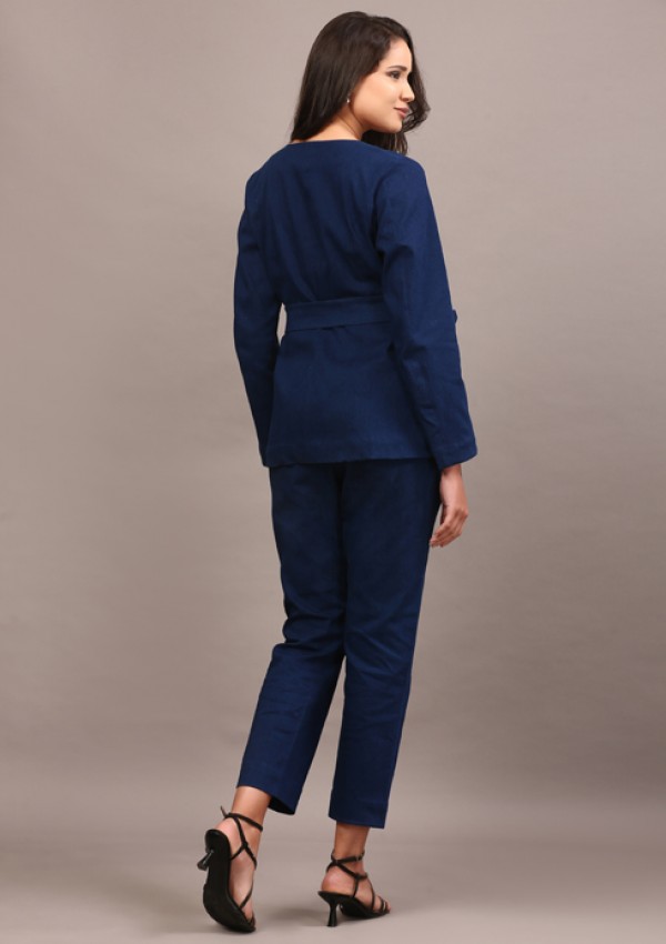 Denim belted blazer set