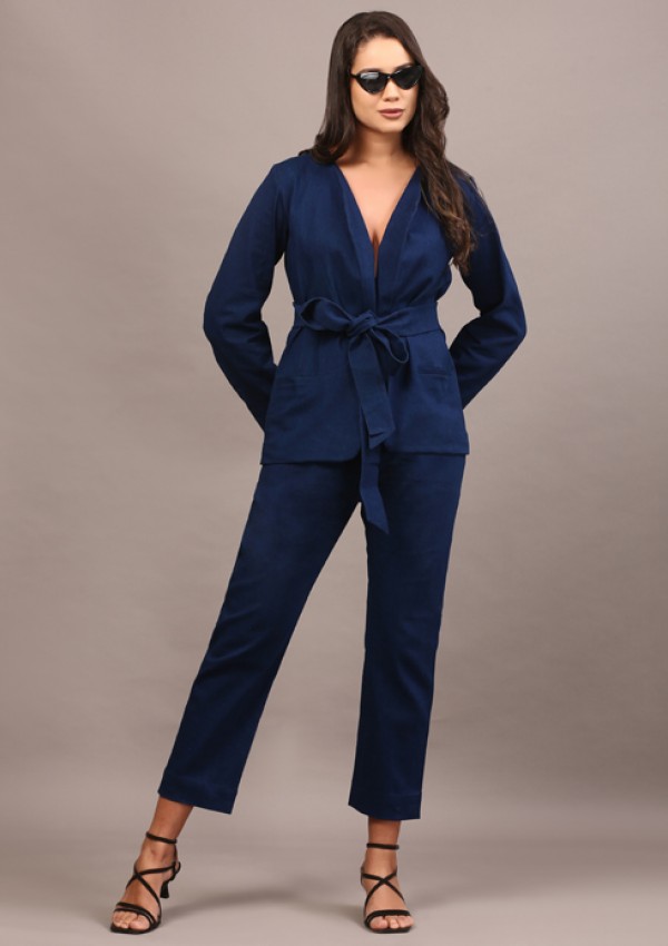 Denim belted blazer set