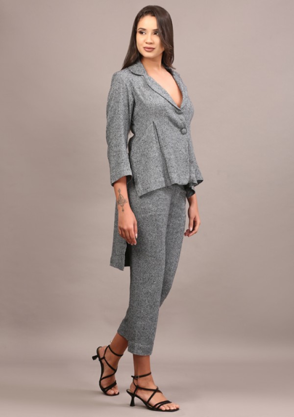 Grey Tweed High low blazer pant set