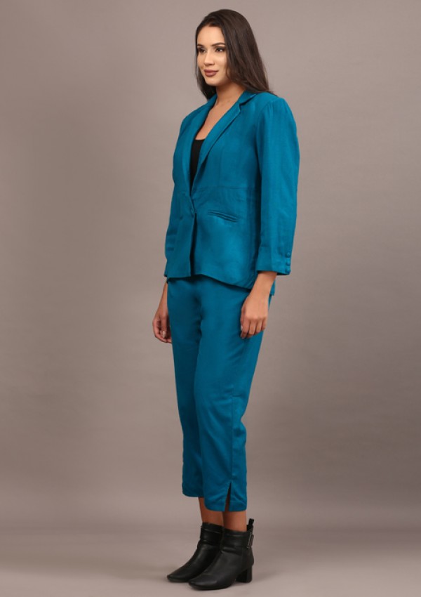 Teal cotswool blazer pant set