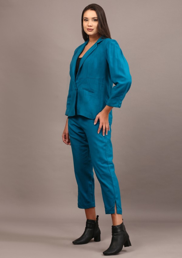 Teal cotswool blazer pant set