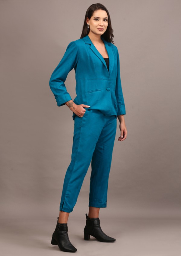 Teal cotswool blazer pant set