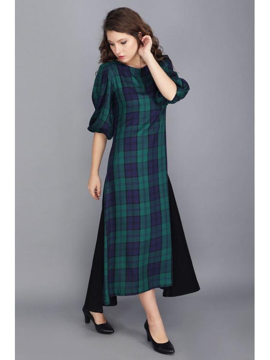TARTAN HIGH AND LOW BALLOON SLEEVE DRESS 